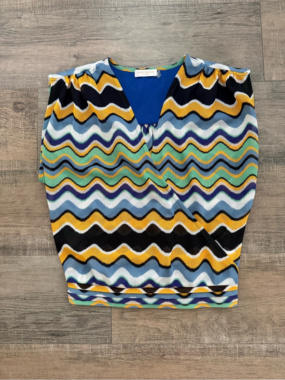 Ramy Brook Zig Zag Chevron Knit Faux Wrap Blouse Top Small Blue Yellow Green